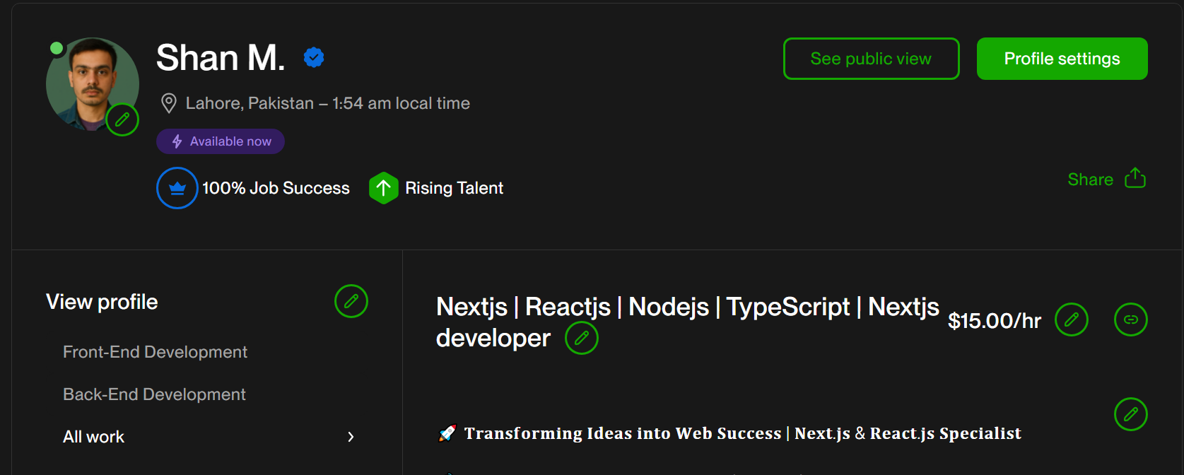 Upwork Profile Screenshot showing 100% Job Success Rate and Rising Talent Badge